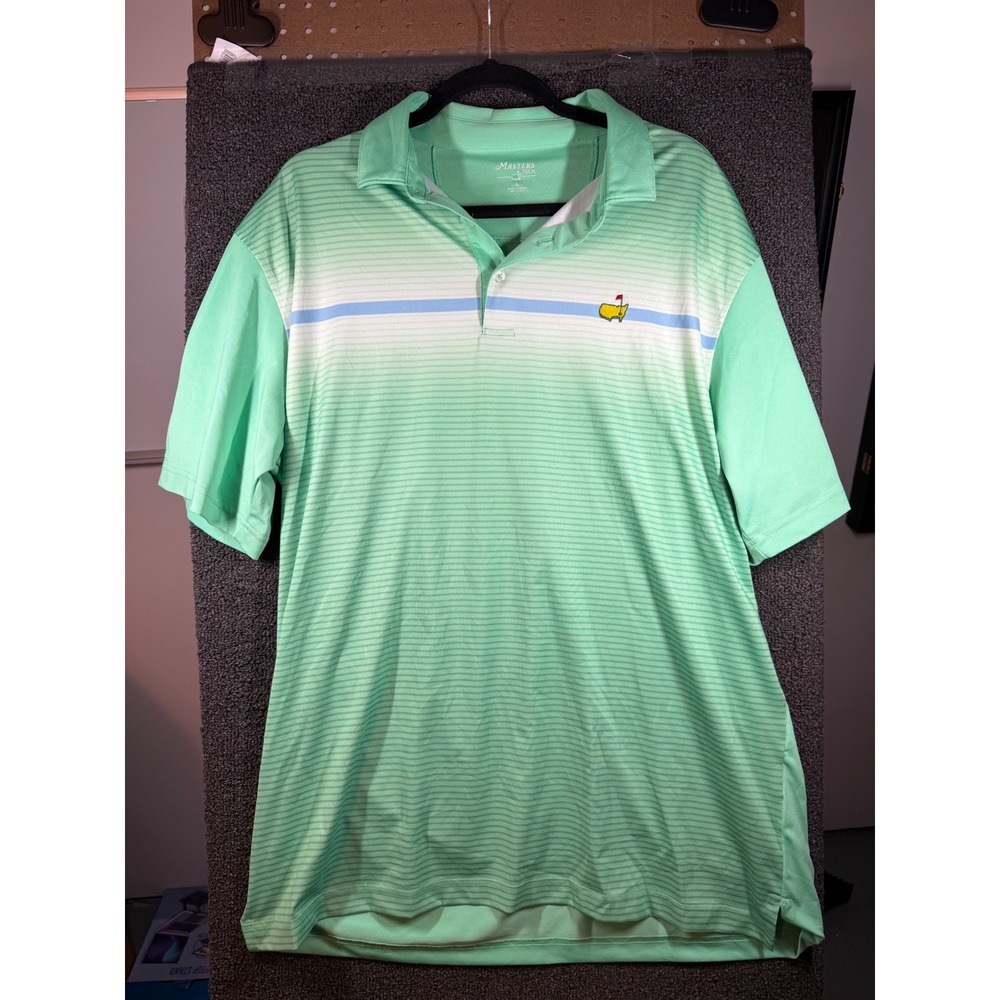 Masters Tech Golf Polo Mens Large Green Striped Short Sleeve Logo RN133979